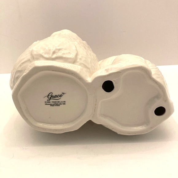 Bunny Cabbage Planter Grace Fine Porcelain 9" Figurine White Rabbit - Picture 9 of 12